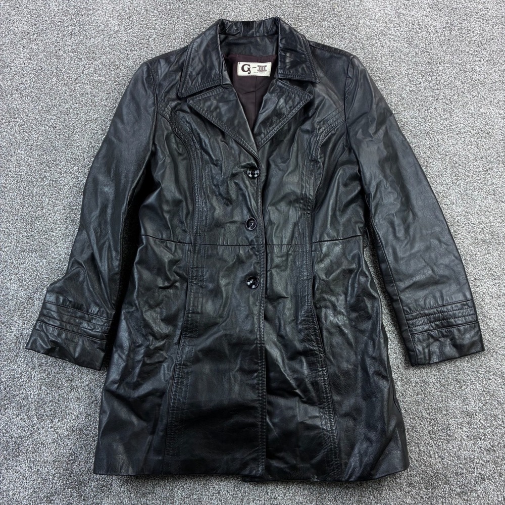 G-III Leather Jacket Women's Medium Black Button Front Blazer Trench Coat
